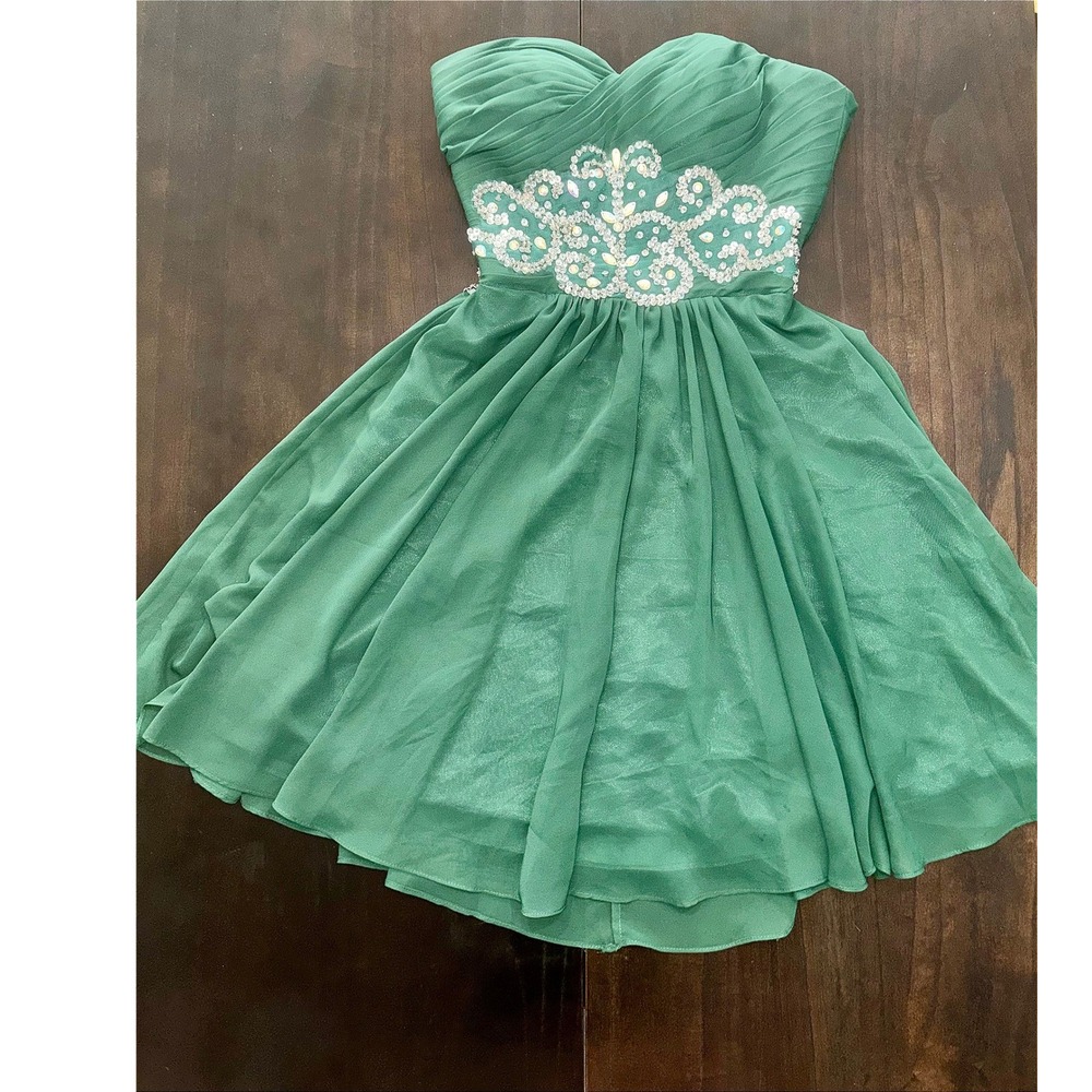 Green Strapless Beaded Chiffon Mini Dress Formal Prom Homecoming Gown Small